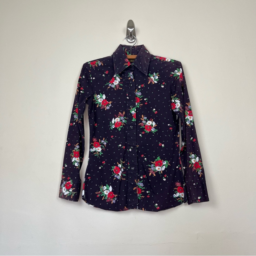 vintage 1950s western shirt black pearl snaps floral print dagger collar hippie - Picture 2 of 14